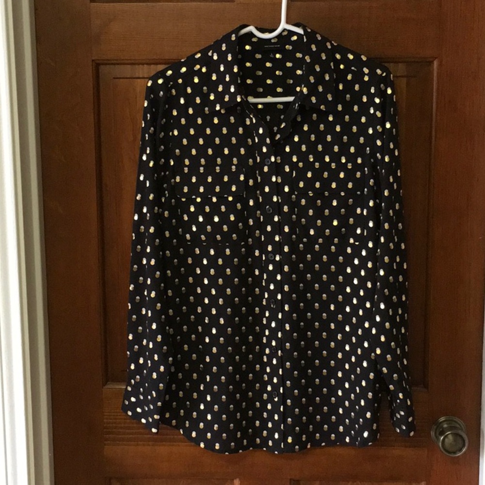 Blouse, black with shiny gold and white circles